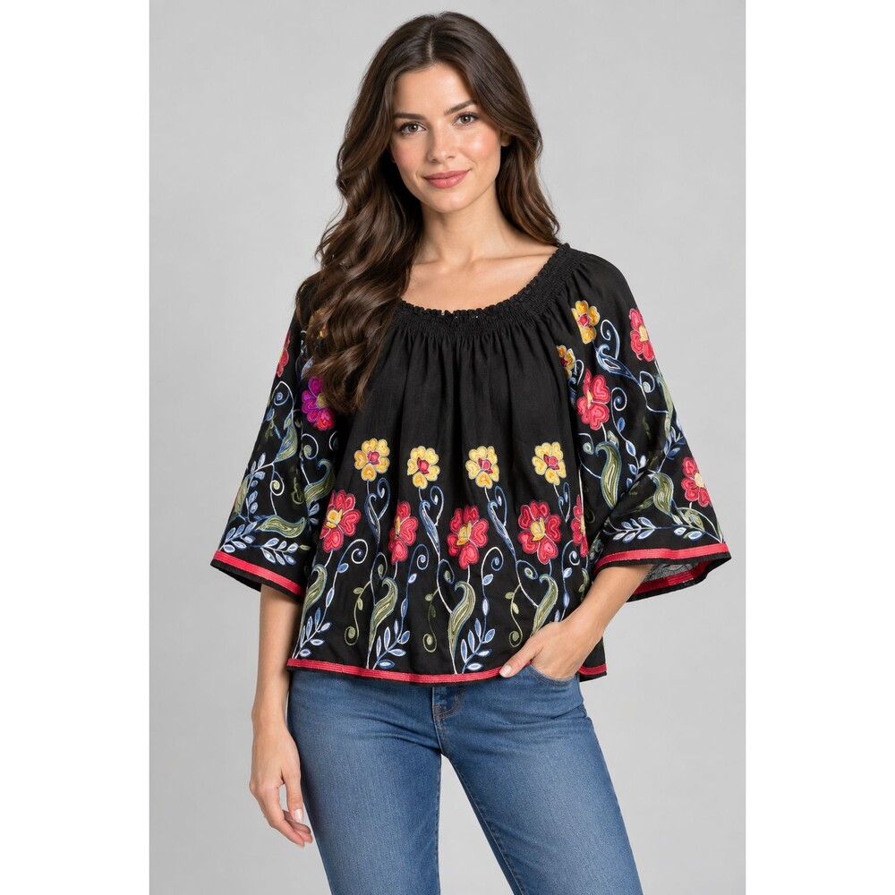 Feratelli Black Floral Embroidered Off Shoulder Top Boho Festival Womens Size M